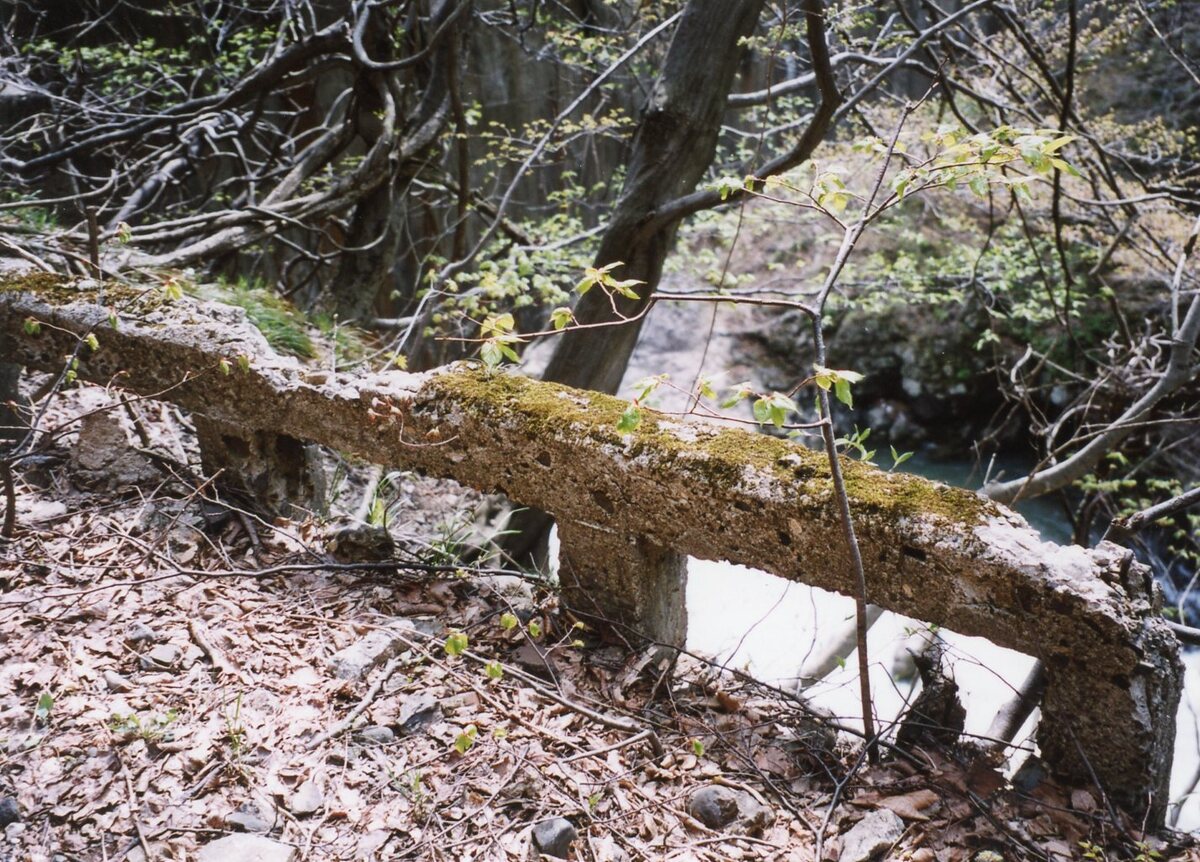 〔写真〕ところどころに残る谷沿いのガードレール/三島県令道路改修記念画帖　其之三　西置賜郡小国新道ノ内沼沢村字綱取半隧道ノ図