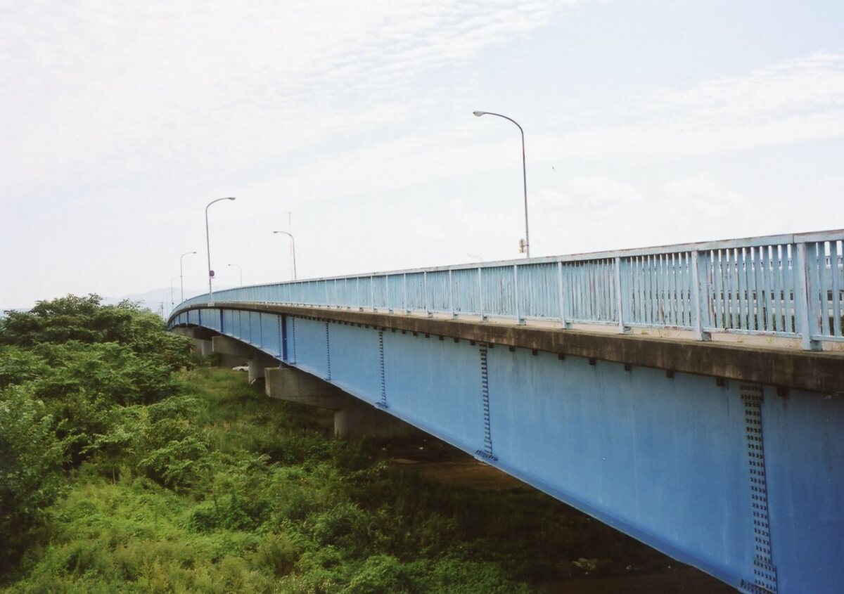 〔写真〕鶴岡市内から三川橋を望む/三島県令道路改修記念画帖　其之三　西田川郡赤川ニ架スル三川橋図ノ二