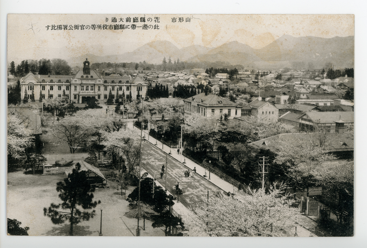 〔絵葉書〕　山形市　花の県庁前大通り　此の邊一帯に県庁市役所等の官衙公署櫛比す　山形七日町・電話四六七番・𠮷野屋エハガキ店製